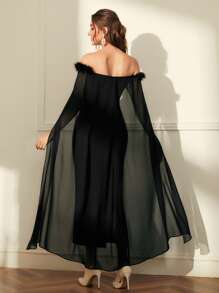 Modelyn Off Shoulder Fuzzy Trim Split Thigh Chiffon Prom Dress Long Evening Dresses - Black - View 2