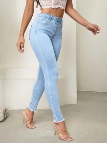 SHEIN Essnce Curvy Medium Stretch Raw Hem Skinny Jeans - Light Wash - View 5
