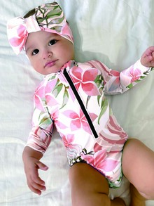 Baby Girls' Vacation Style Printed Long Sleeve Zip Front Rash Guard One Piece Swimsuit With Hairband Gift, Summer - Orange - View 1