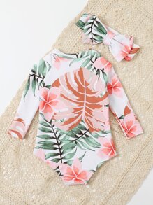 Baby Girls' Vacation Style Printed Long Sleeve Zip Front Rash Guard One Piece Swimsuit With Hairband Gift, Summer - Orange - View 2