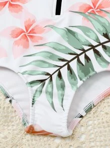 Baby Girls' Vacation Style Printed Long Sleeve Zip Front Rash Guard One Piece Swimsuit With Hairband Gift, Summer - Orange - View 4