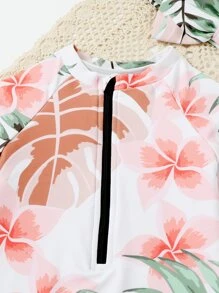 Baby Girls' Vacation Style Printed Long Sleeve Zip Front Rash Guard One Piece Swimsuit With Hairband Gift, Summer - Orange - View 5