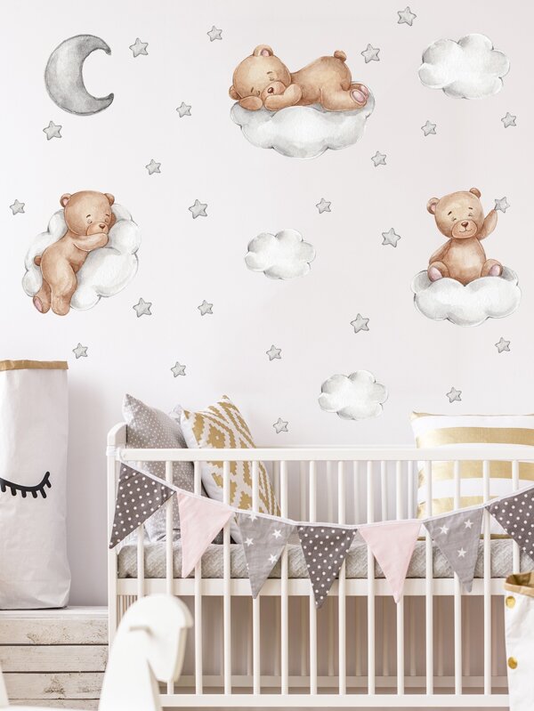 Muursticker met beer en wolkpatroon, zelfklevende muursticker met cartoonmotief voor thuisdecoratie, stickers, muursticker, vinylsticker voor huisdecoratie, lentedecoratie-artikelen, verfris uw huis, festivaldecoratiestickers, cadeaus, verjaardag, afstuderen