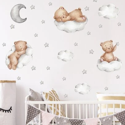 Bear & Cloud Pattern Wall Sticker, Cartoon Self Adhesive Wall Art Decal For Home Decor, Stickers, Wall Decal, Vinyl Decal For Home Decorations, Spring Decoration Items Refresh Your Home, Festival Decoration Stickers Gifts Birthday Graduation