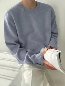 DAZY Men Solid Drop Shoulder Jumper - Dusty Blue - View 7