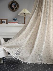 Bubaba 1pc Ditsy Floral Blackout Curtain, Bohemian Hollow Crochet Splice Beige Tassel Decorative Window Curtain, Suitable For Home, Party, Bedroom, Living Room, Kitchen, Dining Room, Cafe, Daily & Holiday Use, All Seasons - Beige - View 2