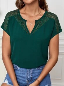 SHEIN Clasi Áo sơ mi nữ Tương phản ren màu trơn Giải trí - Màu xanh lá cây đậm - Xem 5