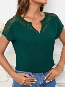 SHEIN Clasi Áo sơ mi nữ Tương phản ren màu trơn Giải trí - Màu xanh lá cây đậm - Xem 1