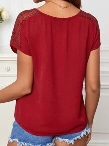 SHEIN Clasi Contrast Lace Notched Neck Dolman Sleeve Blouse - Burgundy - View 2