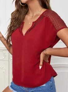 SHEIN Clasi Contrast Lace Notched Neck Dolman Sleeve Blouse - Burgundy - View 5