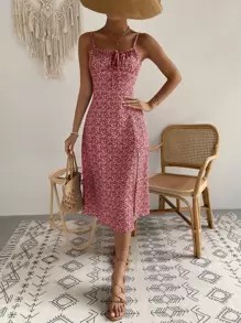 Breezaya Allover Floral Print Ruched Bust Split Thigh Cami Dress - Burgundy - View 3