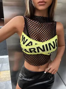 SHEIN ICON Letter Graphic Hollow Out Crop Tank Top - Black - View 1