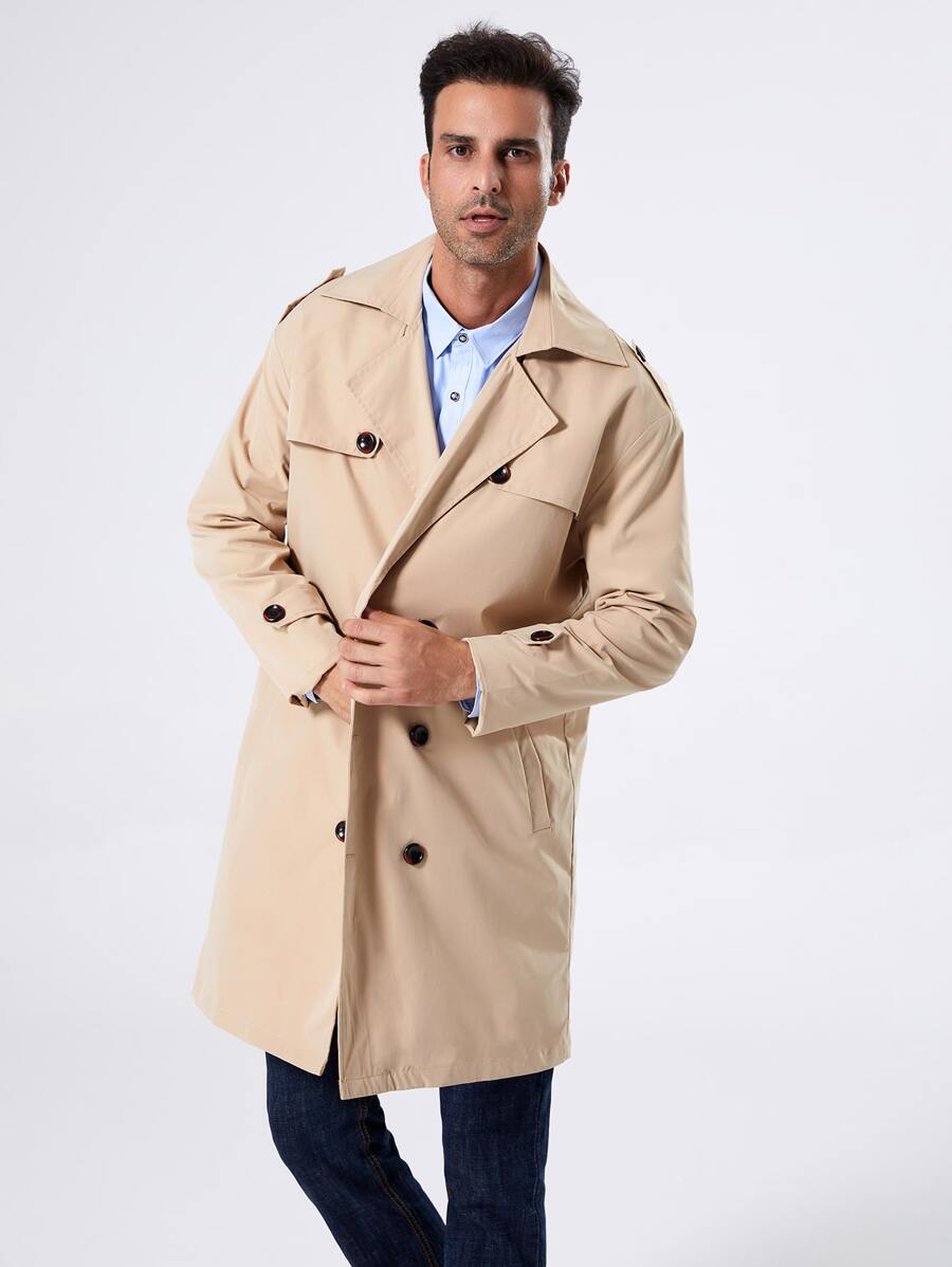 Manfinity Mode Men Double Breasted Epaulettes Design Trench Coat - Khaki - View 1