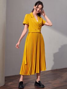 Mulvari 雙排釦西裝外套和腰帶百褶半身裙 - 黃色 - 查看 3