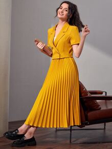 Mulvari 雙排釦西裝外套和腰帶百褶半身裙 - 黃色 - 查看 5