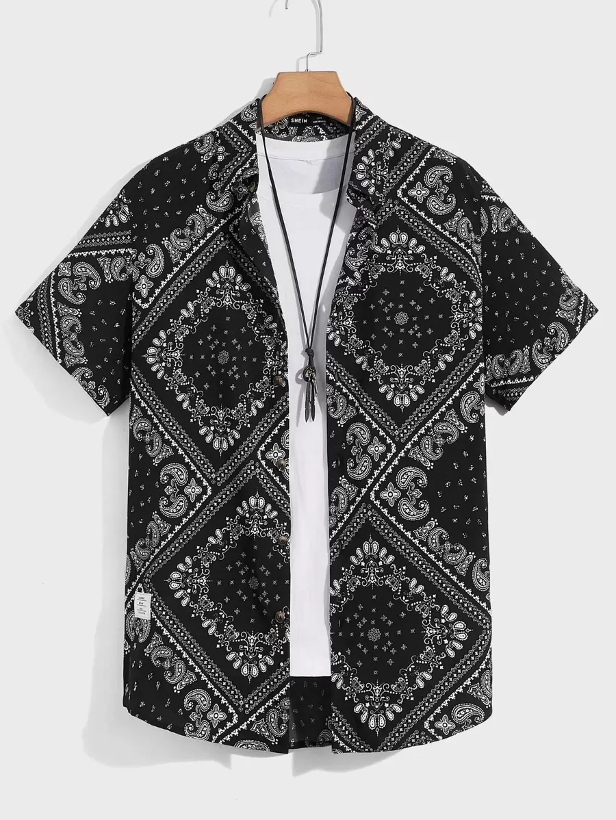 GENTILAND Camisa holgada de hombre con estampado de cachemira sin camiseta - Blanco y Negro - Ver 1