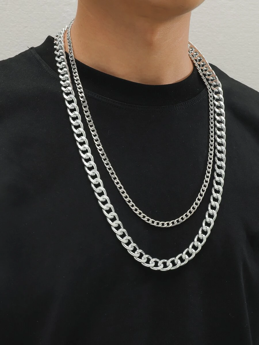 時尚流行男士簡約分層項鍊，適合珠寶禮物和時尚外觀 - 銀色 - 查看 1