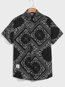 GENTILAND Camisa holgada de hombre con estampado de cachemira sin camiseta - Blanco y Negro - Ver 3