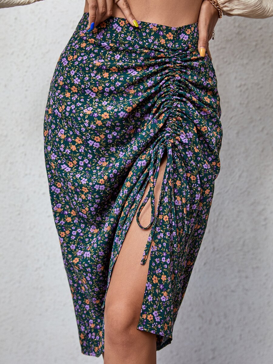 Ditsy Floral Print Drawstring Split Thigh Skirt - Multicolor - View 1