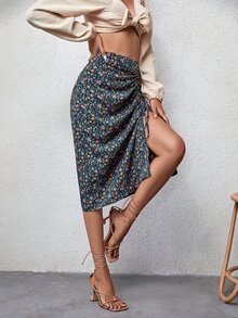 Ditsy Floral Print Drawstring Split Thigh Skirt - Multicolor - View 4