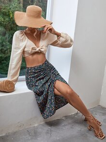 Ditsy Floral Print Drawstring Split Thigh Skirt - Multicolor - View 6