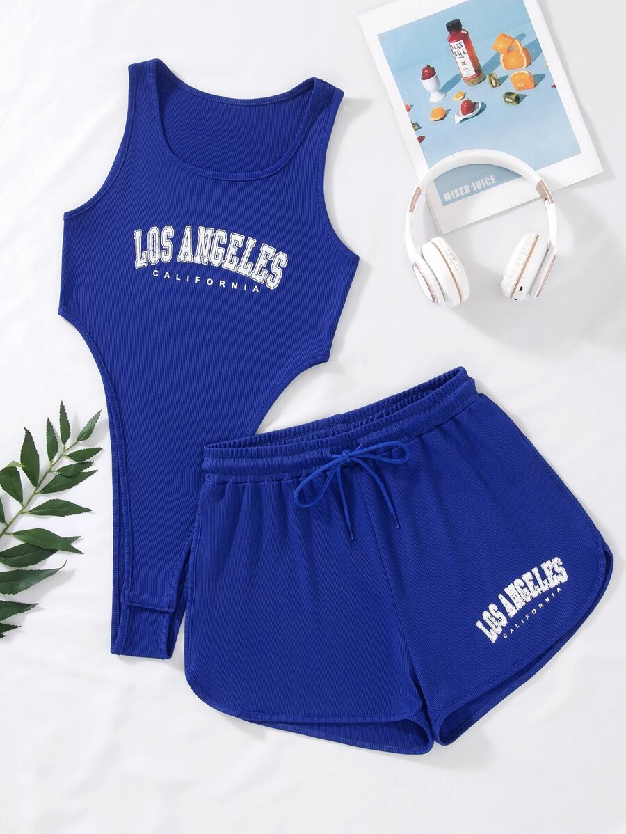 SHEIN Unity Letter Graphic Bodysuit & Drawstring Waist Shorts - Royal Blue - View 1