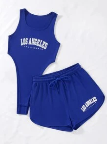 SHEIN Unity Letter Graphic Bodysuit & Drawstring Waist Shorts - Royal Blue - View 8