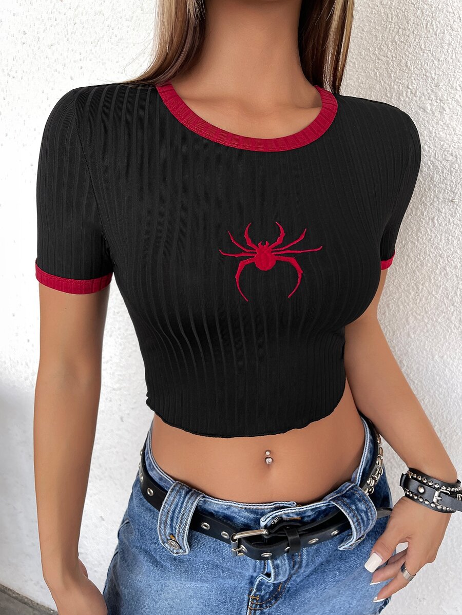 SHEIN ICON Y2k Dopamine Dressing Spider Embroidery Contrast Trim Crop Tee - Black - View 1