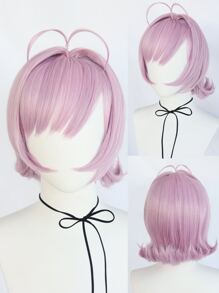 女士鲍勃假发，带刘海，中长直发，紫粉色，角色扮演假发，带刘海，适合派对，高密度假发，合成无胶耐热纤维替换发，学校万圣节感恩节圣诞节服装配饰和 1 件假发帽 - 粉色 - 查看 1