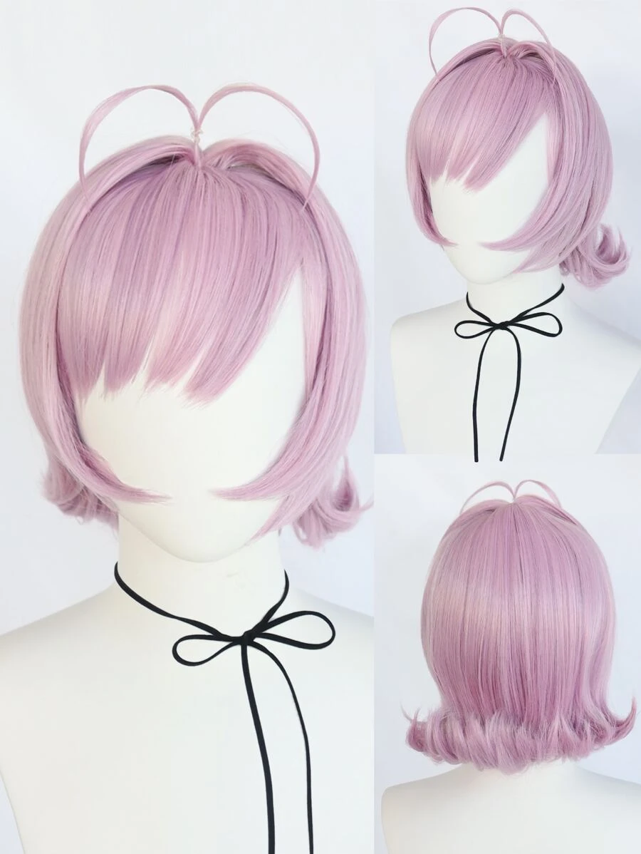 女士鲍勃假发，带刘海，中长直发，紫粉色，角色扮演假发，带刘海，适合派对，高密度假发，合成无胶耐热纤维替换发，学校万圣节感恩节圣诞节服装配饰和 1 件假发帽 - 粉色 - 查看 1