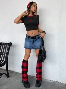 SHEIN ICON Y2k Dopamine Dressing Spider Embroidery Contrast Trim Crop Tee - Black - View 7