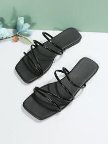 Dép lê thời trang ngoài trời màu đen dành cho nữ, dép đế bằng hở mũi bằng da nhân tạo với nhiều quai mỏng, thích hợp cho trang phục mùa xuân hè. - màu đen - Xem 4