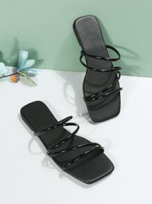 Dép lê thời trang ngoài trời màu đen dành cho nữ, dép đế bằng hở mũi bằng da nhân tạo với nhiều quai mỏng, thích hợp cho trang phục mùa xuân hè. - màu đen - Xem 5