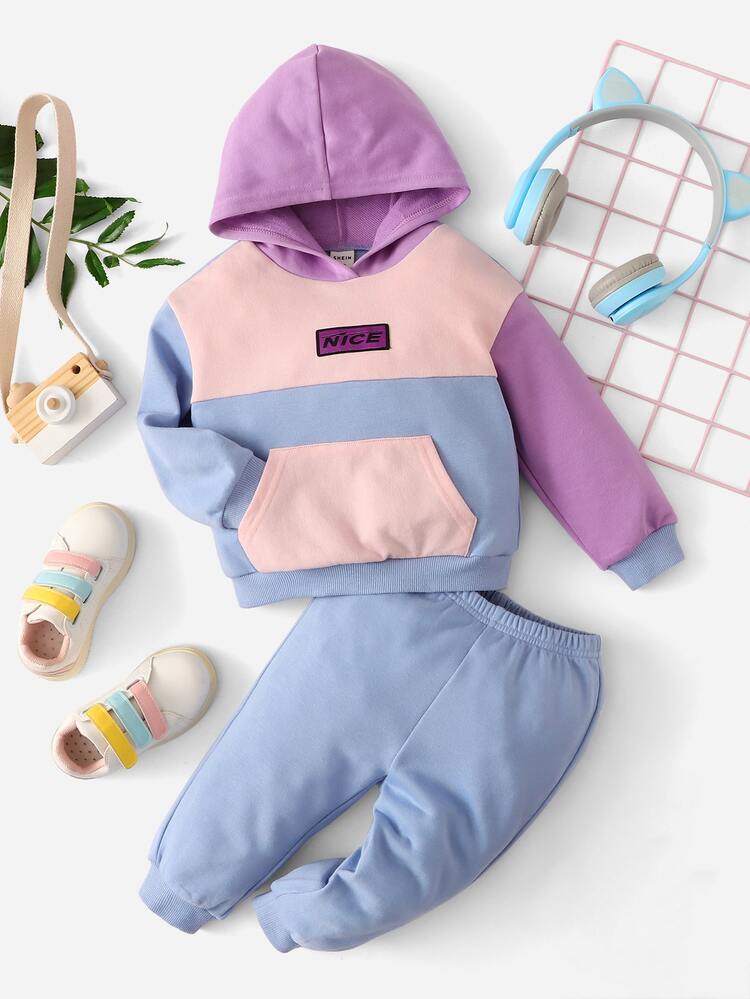 Baby Colorblock Letter Patched Kangaroo Pocket Hoodie & Sweatpants