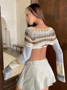 SHEIN ICON 秋冬块状条纹镂空针织毛衣、长袖上衣 - 彩色 - 查看 2