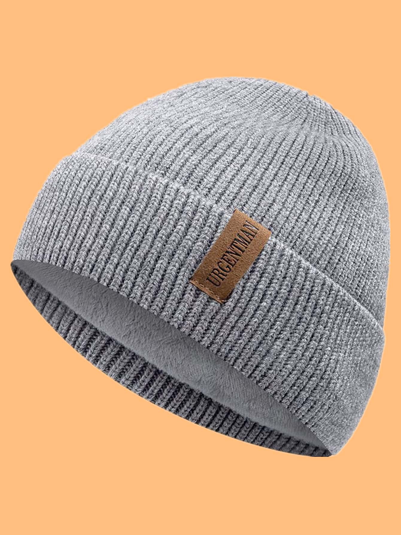 URGENTMAN 1pc Men's Simple Knitted Hat With Plush Lining - Grey - View 1