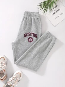 SHEIN Unity 字母圖案加絨內裏衛褲 - 淺灰色 - 查看 1