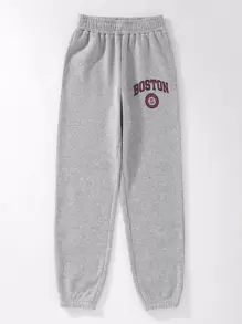 SHEIN Unity 字母圖案加絨內裏衛褲 - 淺灰色 - 查看 4