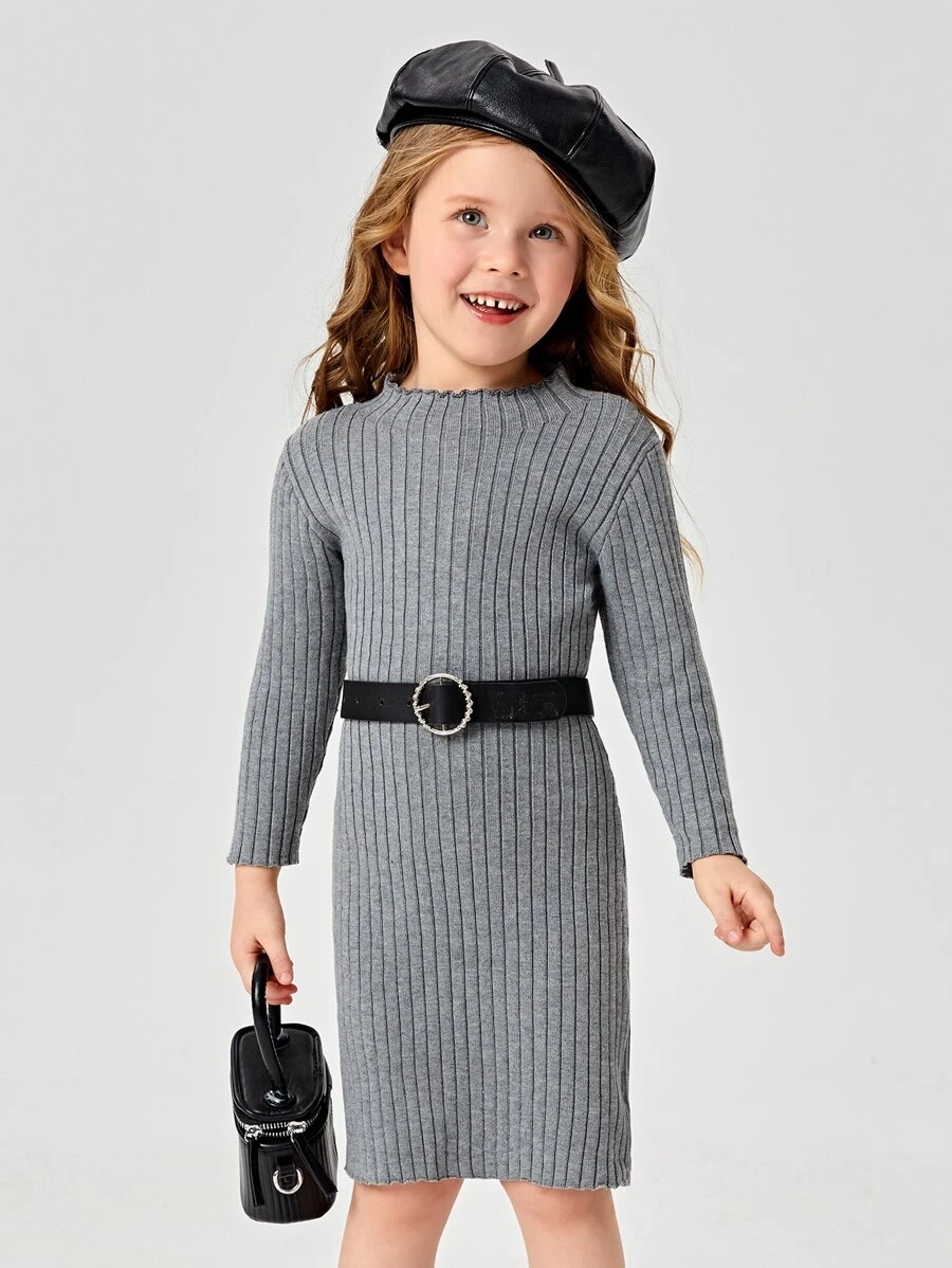 小女童條紋針織木耳邊毛衣洋裝不附腰帶