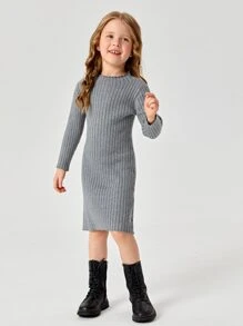 小女童條紋針織木耳邊毛衣洋裝不附腰帶