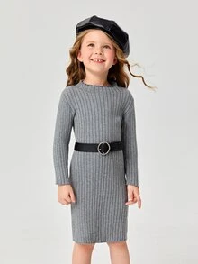 小女童條紋針織木耳邊毛衣洋裝不附腰帶