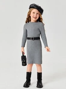 小女童條紋針織木耳邊毛衣洋裝不附腰帶