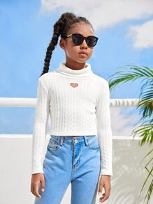 SHEIN Girls Turtleneck Textured Knit Tee - White - View 3