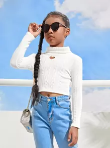 SHEIN Girls Turtleneck Textured Knit Tee - White - View 1