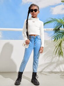 SHEIN Girls Turtleneck Textured Knit Tee - White - View 4