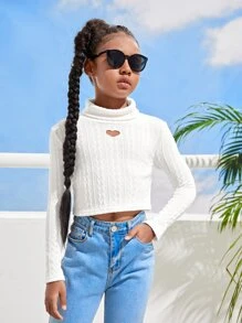 SHEIN Girls Turtleneck Textured Knit Tee - White - View 5