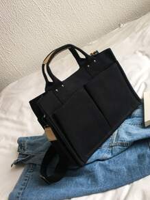 韓式簡約帆布手提包,多格口設計適用於商務,可當手提包、單肩包、斜揹包使用 - 黑色 - 查看 5