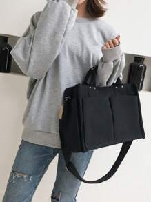 韓式簡約帆布手提包,多格口設計適用於商務,可當手提包、單肩包、斜揹包使用 - 黑色 - 查看 6