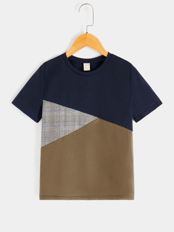 SHEIN Tween Boy's Prince Of Wales Plaid Colorblock T-Shirt, Simple And Comfortable, Suitable For Daily Summer Wear