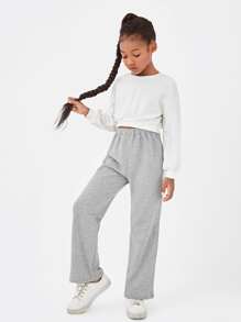 SHEIN Girls Solid Elastic Waist Joggers - Light Grey - View 4